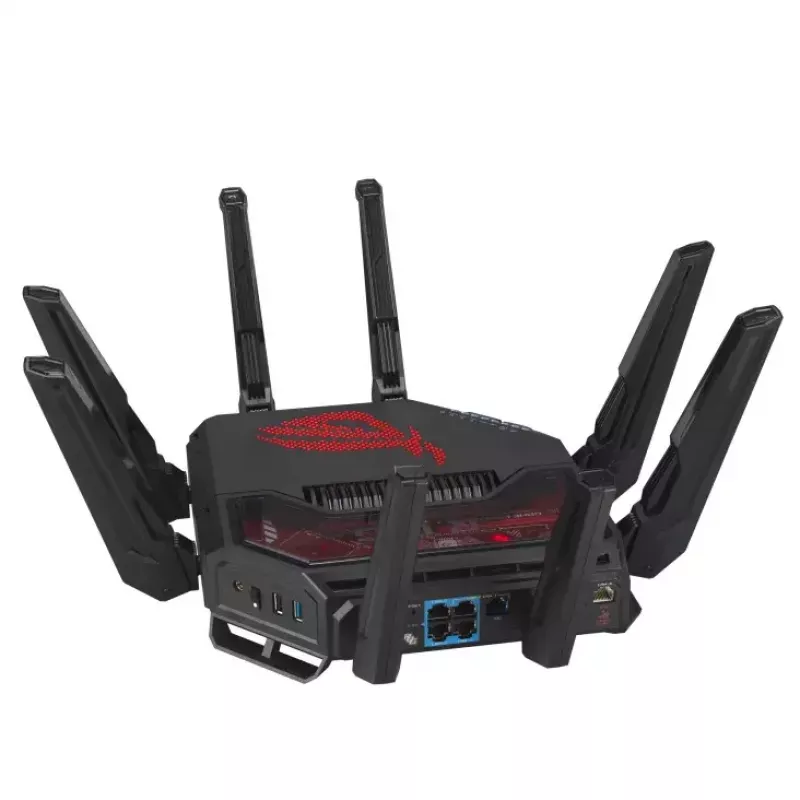 ASUS ROG Rapture GT-BE19000 belaidis maršrutizatorius, trijų juostų (2,4 GHz / 5 GHz / 6 GHz), Multi-Gigabit Ethernet, juodas/raudonas