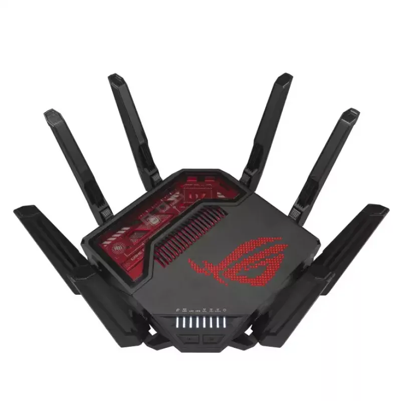 ASUS ROG Rapture GT-BE19000 belaidis maršrutizatorius, trijų juostų (2,4 GHz / 5 GHz / 6 GHz), Multi-Gigabit Ethernet, juodas/raudonas