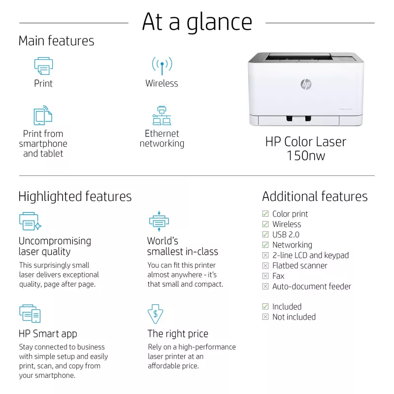 HP Color Laser 150nw spalvotas lazerinis spausdintuvas, A4, 600 x 600 DPI, 18 ppm