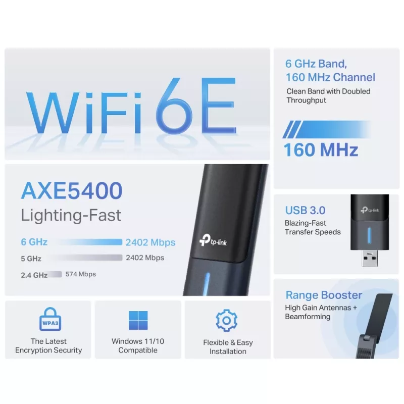 TP-Link Archer AXE5400 belaidis USB adapteris Wi-Fi 6E su aukšto stiprinimo antenomis