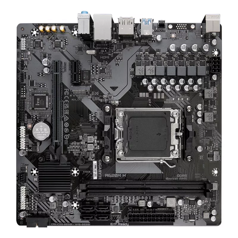 GIGABYTE A620M H pagrindinė plokštė – palaiko AMD Ryzen 8000 procesorius, 5+2+2 fazių skaitmeninis VRM, iki 7200 MHz DDR5 (OC), 1xPCIe 4.0 M.2, GbE LAN, USB 3.2 Gen 1