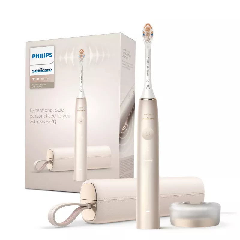 Philips Sonicare DiamondClean Prestige 9900 serijos DiamondClean Prestige HX9992/11 soninis elektrinis dantų šepetėlis su SenseIQ – šampano spalvos