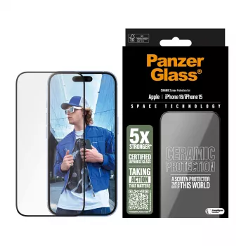 PanzerGlass® Keraminis ekrano apsauginis stiklas iPhone 16 | 15 | Ultra-Wide Fit su EasyAligner