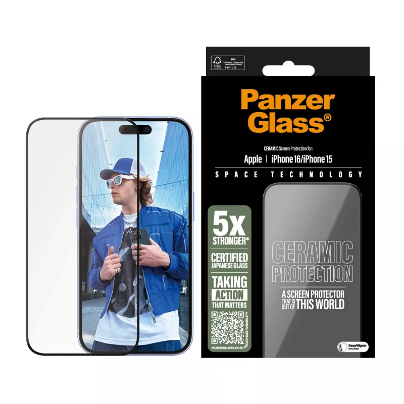 PanzerGlass® Keraminis ekrano apsauginis stiklas iPhone 16 | 15 | Ultra-Wide Fit su EasyAligner