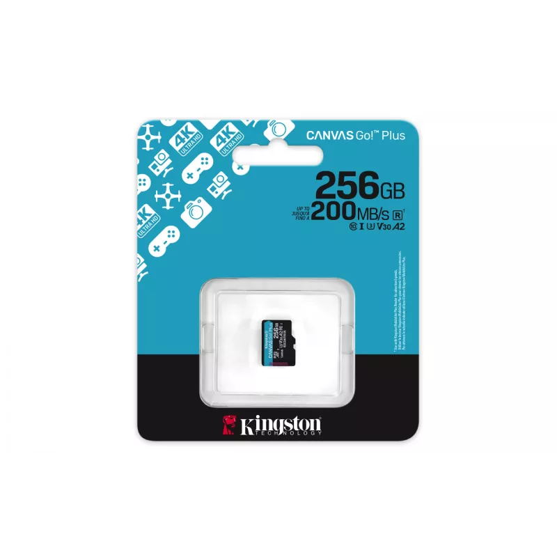 Kingston Technology 256GB microSDXC Canvas Go Plus Gen4 200R A2 U3 vienetinis paketas be adapterio