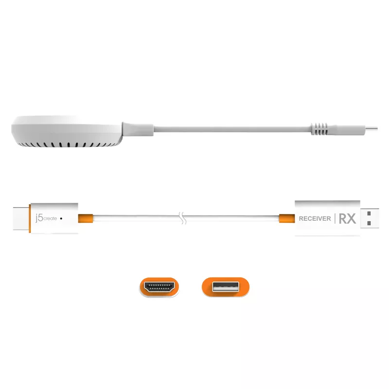 j5create JVAW62 ScreenCast USB-C® belaidis HDMI™ prailgintuvas, baltas ir oranžinis
