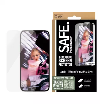 PanzerGlass SAFE. by ® Ekrano apsauginis stiklas iPhone 17e | 16e | 14 | 13 | 13 Pro | Ultra-Wide Fit su EasyAligner