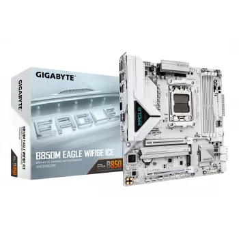GIGABYTE B850M EAGLE WIFI6E ICE Motininė plokštė – AMD Ryzen 9000 serijos procesoriams, 8+2+2 fazių skaitmeninis VRM, iki 8200MHz DDR5 (OC), 1xPCIe 5.0 + 1xPCIe 4.0 M.2, Wi-Fi 6E, 2.5 GbE LAN, USB 3.2 Gen 2