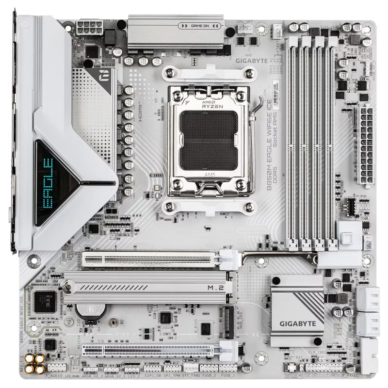 GIGABYTE B850M EAGLE WIFI6E ICE Motininė plokštė – AMD Ryzen 9000 serijos procesoriams, 8+2+2 fazių skaitmeninis VRM, iki 8200MHz DDR5 (OC), 1xPCIe 5.0 + 1xPCIe 4.0 M.2, Wi-Fi 6E, 2.5 GbE LAN, USB 3.2 Gen 2