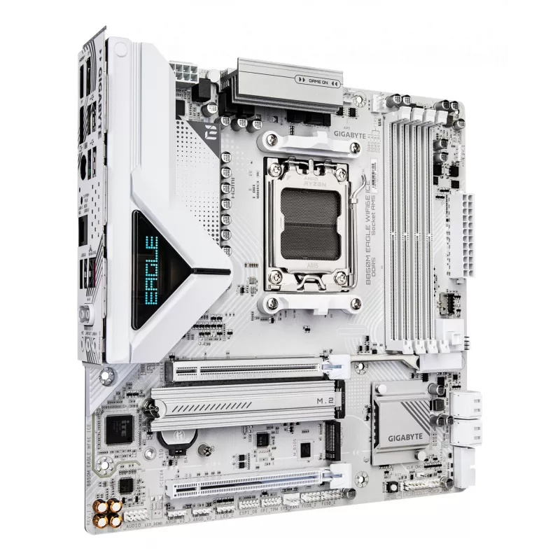 GIGABYTE B850M EAGLE WIFI6E ICE Motininė plokštė – AMD Ryzen 9000 serijos procesoriams, 8+2+2 fazių skaitmeninis VRM, iki 8200MHz DDR5 (OC), 1xPCIe 5.0 + 1xPCIe 4.0 M.2, Wi-Fi 6E, 2.5 GbE LAN, USB 3.2 Gen 2