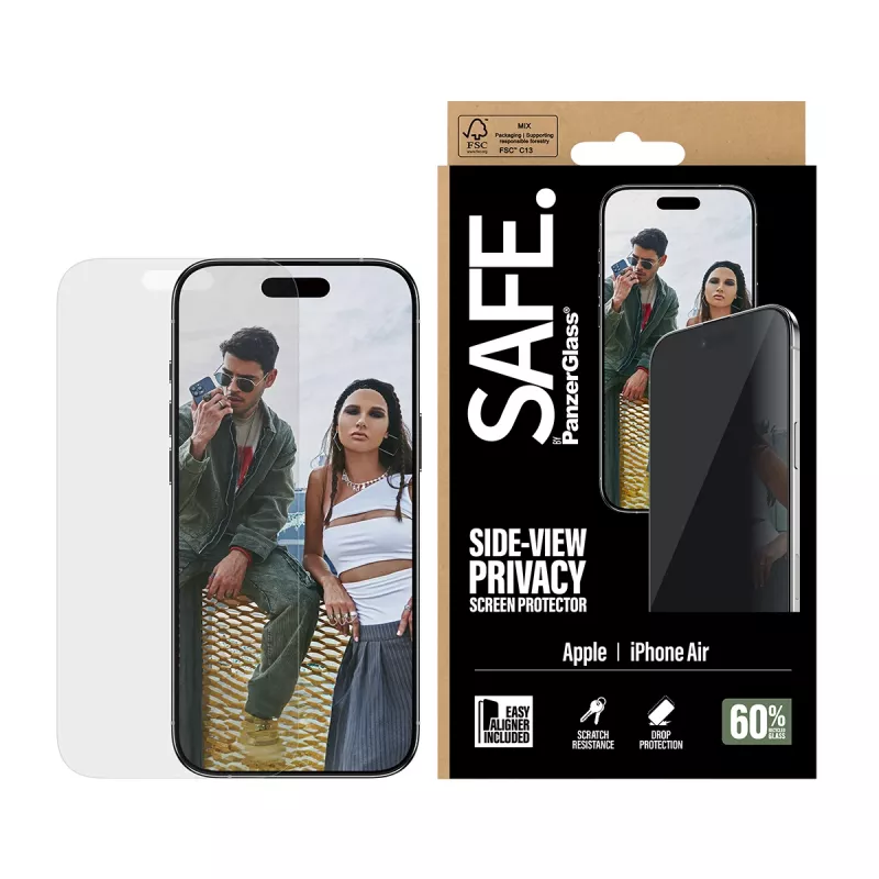 Apsauginis stiklas PanzerGlass SAFE. Privacy Apple iPhone Air – grūdintas stiklas, ypač platus dengimas, EasyAligner, atsparus įbrėžimams ir smūgiams