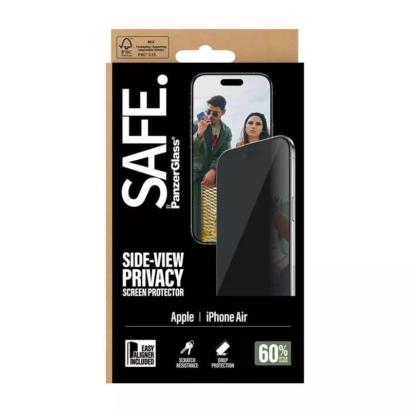 Apsauginis stiklas PanzerGlass SAFE. Privacy Apple iPhone Air – grūdintas stiklas, ypač platus dengimas, EasyAligner, atsparus įbrėžimams ir smūgiams