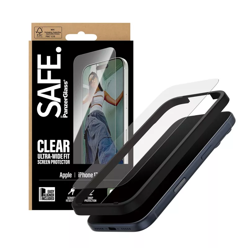 PanzerGlass SAFE. by ® apsauginis stiklas iPhone 17 Pro | Ultra-Wide Fit su EasyAligner