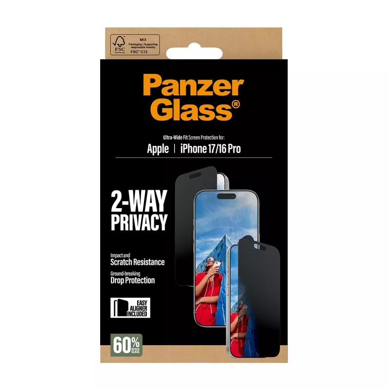 PanzerGlass ® 2-Way privatumo ekrano apsauga iPhone 17 | iPhone 16 Pro | Ultra-Wide Fit su EasyAligner