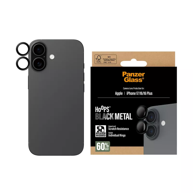 PanzerGlass Hoops® kameros lęšių apsauga juoda iPhone 17 | iPhone 16 | 16 Plus