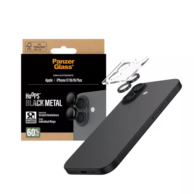 PanzerGlass Hoops® kameros lęšių apsauga juoda iPhone 17 | iPhone 16 | 16 Plus