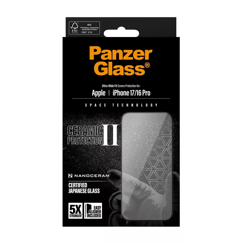 PanzerGlass ® Ceramic II Ekrano apsauga iPhone 17 | iPhone 16 Pro | Ultra-Wide Fit su EasyAligner
