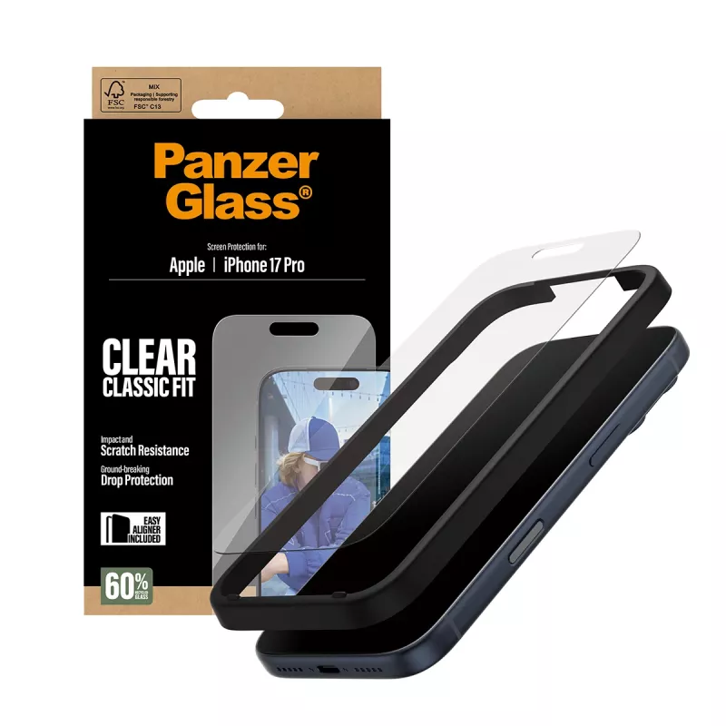 Apsauginis stiklas PanzerGlass iPhone 17 Pro Classic Fit EasyAligner atsparus įbrėžimams ir smūgiams