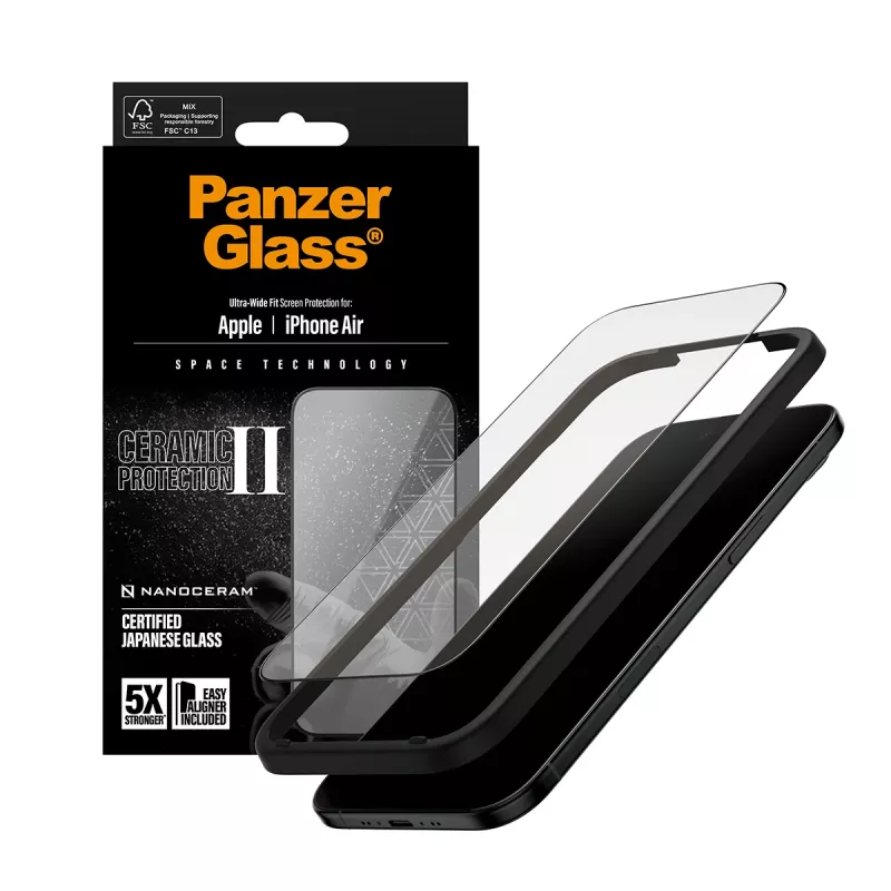 Apsauginis stiklas PanzerGlass Ceramic II iPhone Air Ultra-Wide Fit su EasyAligner Grūdintas stiklas PET Silikonas Skaidrus 1 vnt.