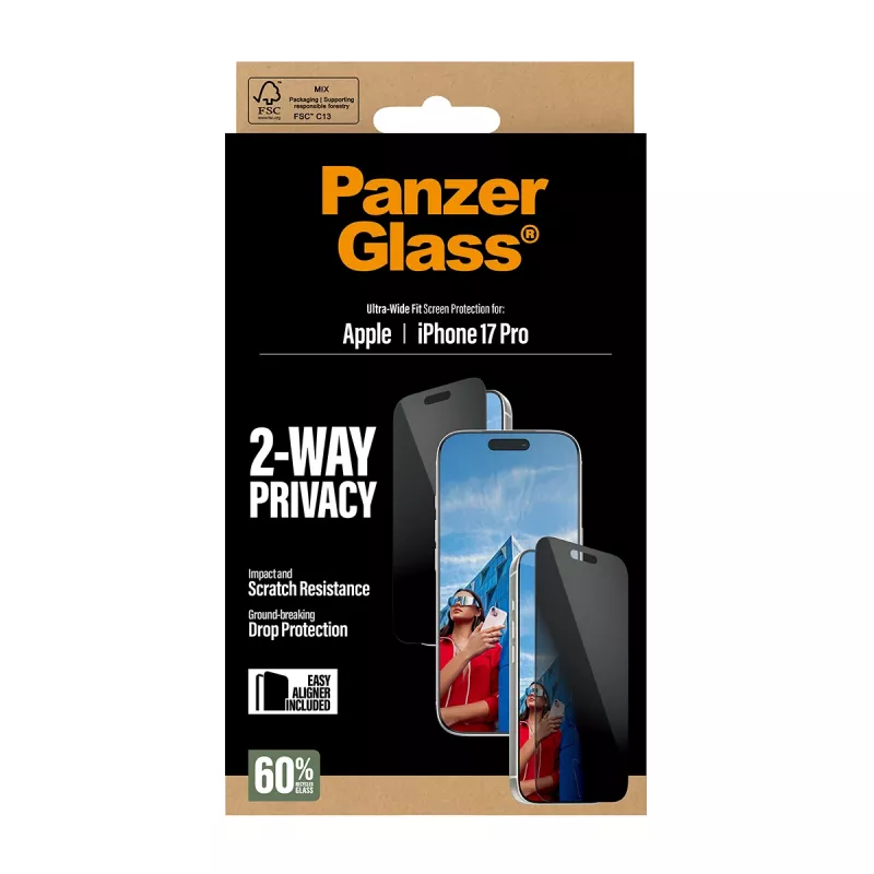 PanzerGlass® 2 krypčių privatumo ekrano apsauga iPhone 17 Pro | Ultra-Wide Fit su EasyAligner