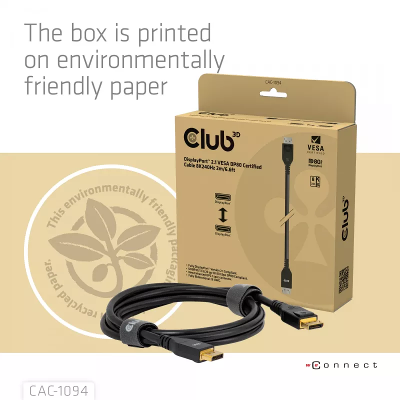 CLUB3D DisplayPort™ 2.1 VESA DP80 sertifikuotas kabelis 8K240Hz 2m/6.56ft