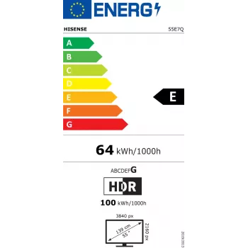 LED televizorius Hisense 55E7Q 55 colių QLED 4K UHD (3840x2160), VIDAA, Wi-Fi, Bluetooth, HDR10, 60Hz, 20W, Juodas