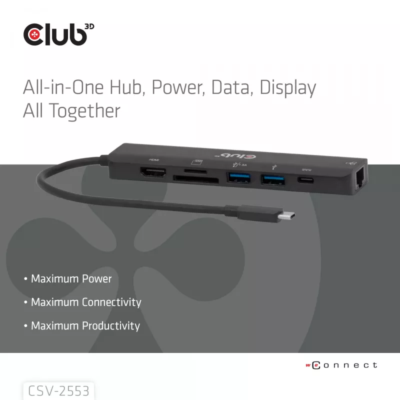 CLUB3D CSV-2553 USB Type-C 7-in-1 stotelė su HDMI, RJ45, SD ir 5000 Mbit/s