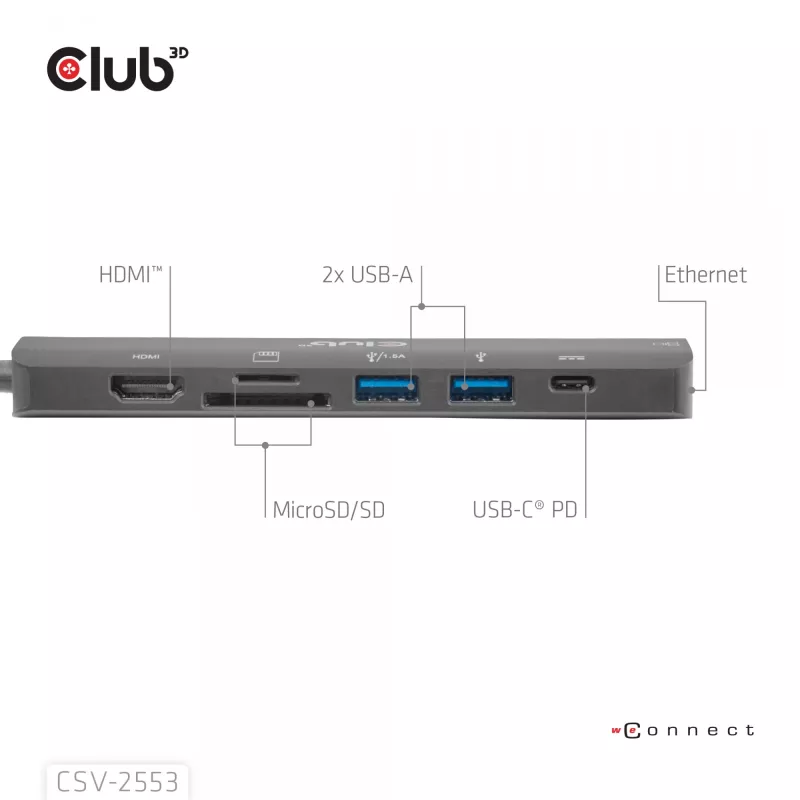 CLUB3D CSV-2553 USB Type-C 7-in-1 stotelė su HDMI, RJ45, SD ir 5000 Mbit/s