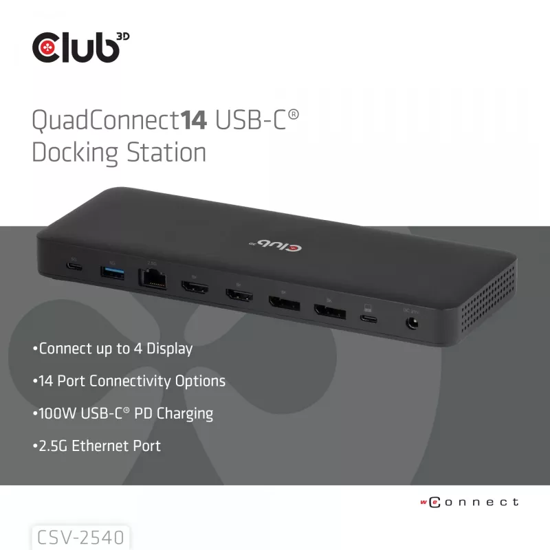 CLUB 3D 14-1 USB-C Quad Display USB4 doko stotelė su 2× USB 2.0 prievadais