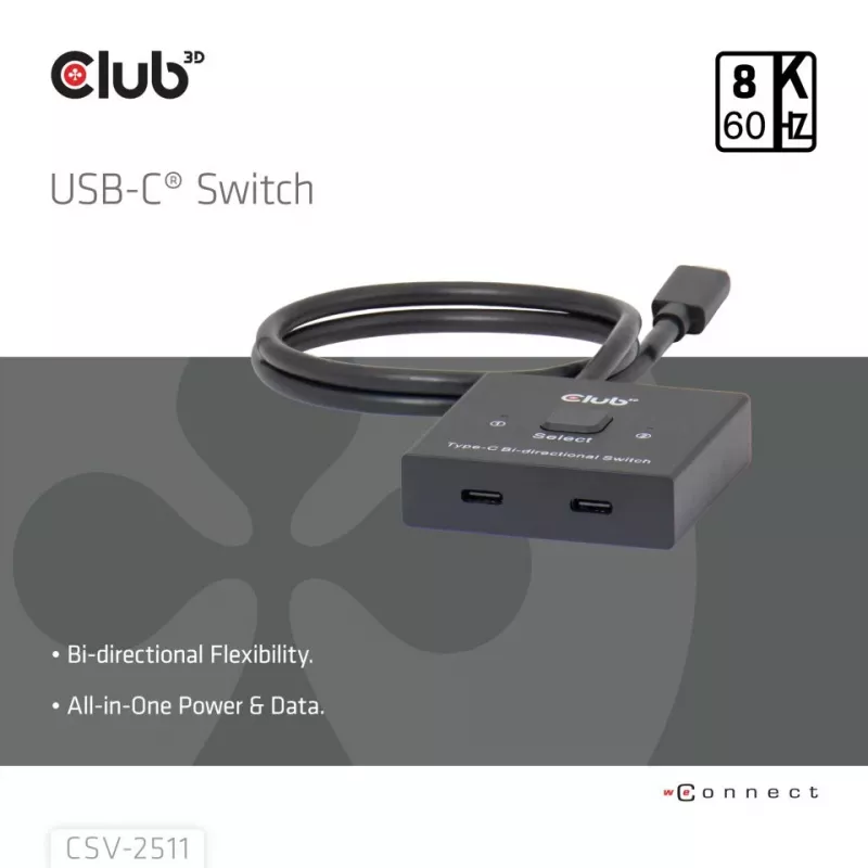 CLUB3D USB-C® abipusis vaizdo + duomenų + PD jungiklis, USB Type-C, 2x DisplayPort, 7680 x 4320 pikselių, juodas, 8K Ultra HD, 120 Hz