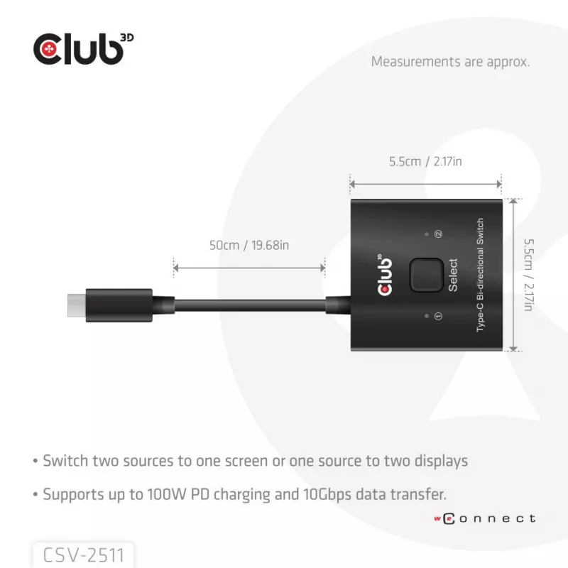 CLUB3D USB-C® abipusis vaizdo + duomenų + PD jungiklis, USB Type-C, 2x DisplayPort, 7680 x 4320 pikselių, juodas, 8K Ultra HD, 120 Hz