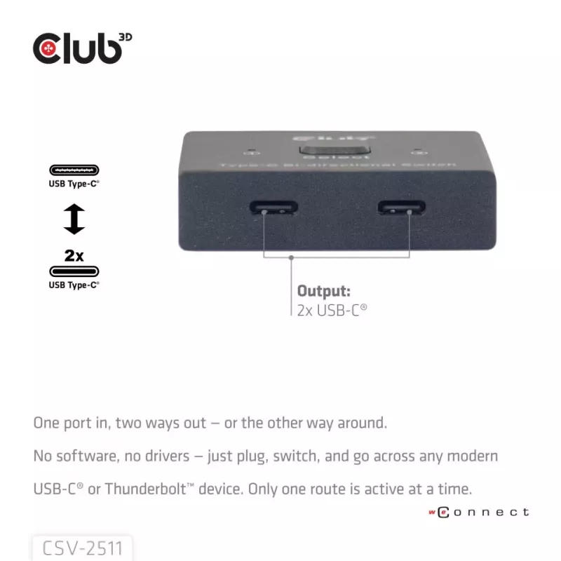 CLUB3D USB-C® abipusis vaizdo + duomenų + PD jungiklis, USB Type-C, 2x DisplayPort, 7680 x 4320 pikselių, juodas, 8K Ultra HD, 120 Hz