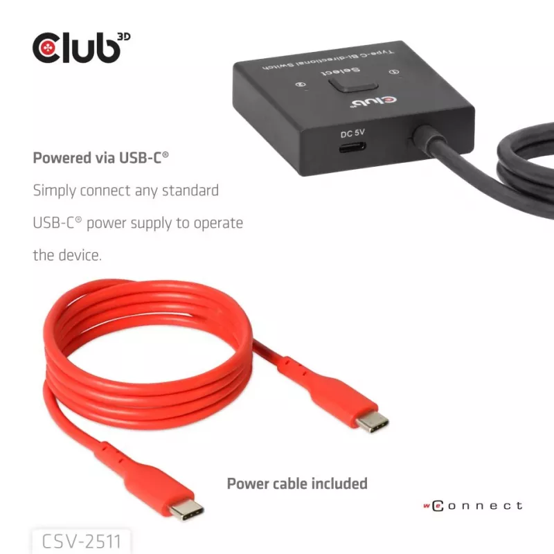 CLUB3D USB-C® abipusis vaizdo + duomenų + PD jungiklis, USB Type-C, 2x DisplayPort, 7680 x 4320 pikselių, juodas, 8K Ultra HD, 120 Hz