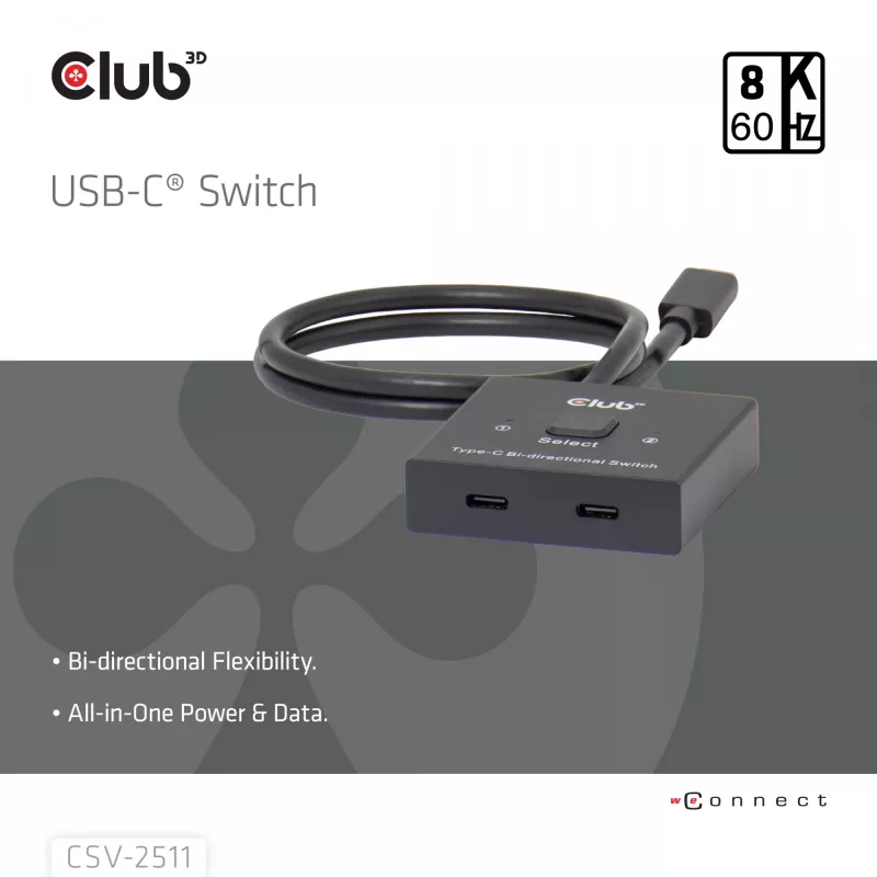 CLUB3D USB-C® abipusis vaizdo + duomenų + PD jungiklis, USB Type-C, 2x DisplayPort, 7680 x 4320 pikselių, juodas, 8K Ultra HD, 120 Hz