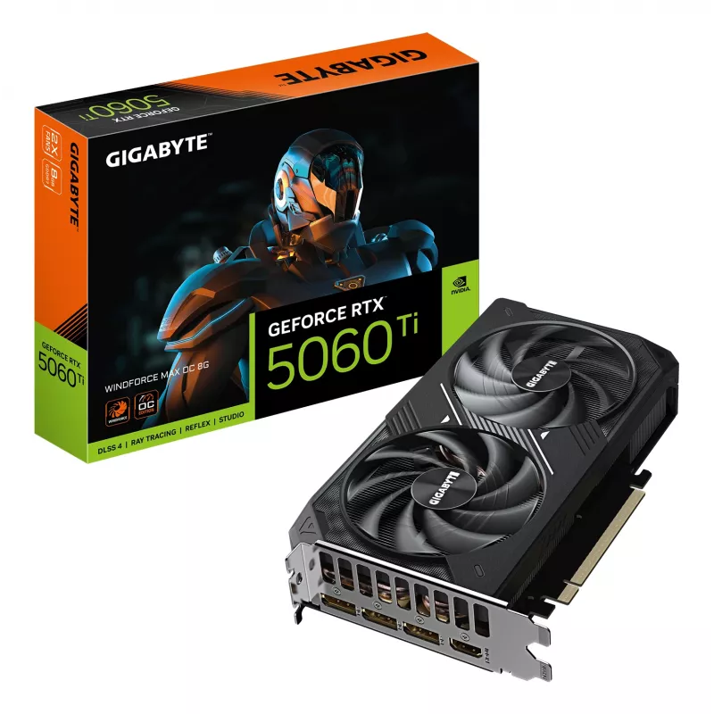 GIGABYTE GeForce RTX 5060 Ti WINDFORCE MAX OC 8G vaizdo plokštė – 8 GB GDDR7, 128 bitų, PCI-E 5.0, 2587 MHz branduolio dažnis, 3x DP, 1x HDMI, NVIDIA DLSS 4, GV-N506TWF2MAX OC-8GD