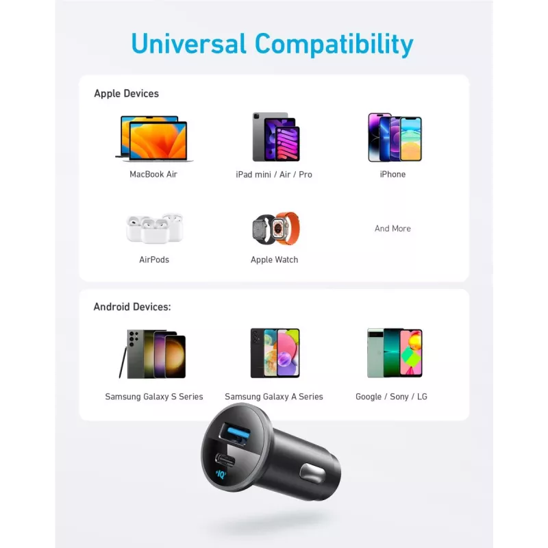 ANKE 325 automobilinis įkroviklis su USB-C PD ir USB-A, 53 W, PPS