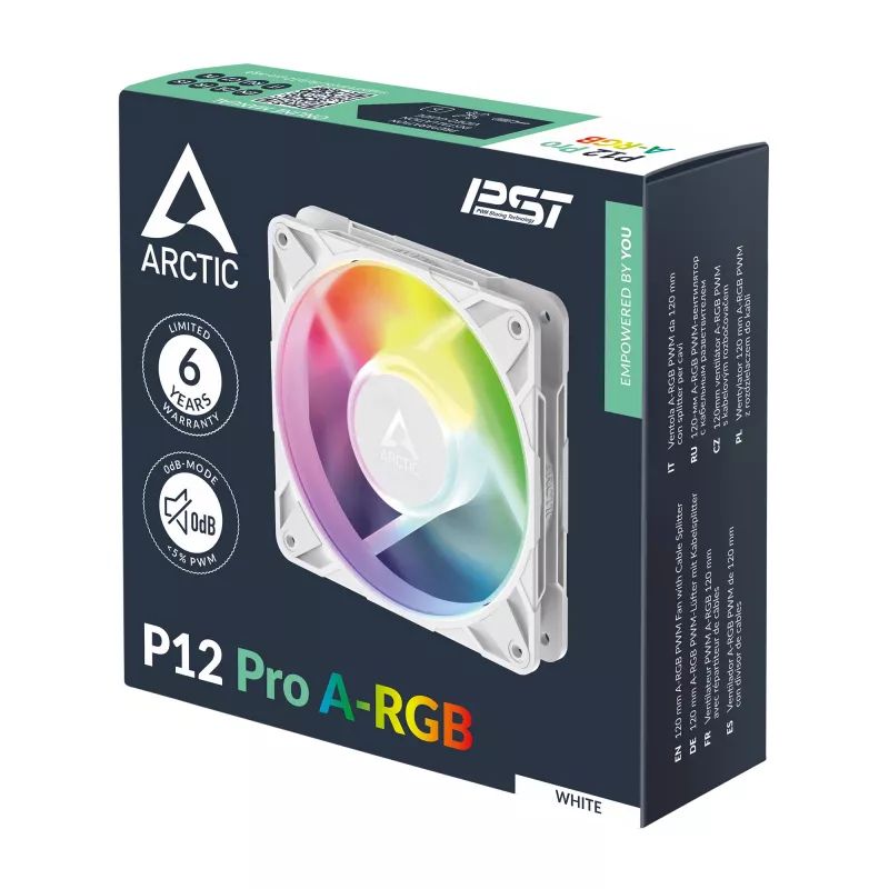 ARCTIC Freezer P12 Pro A-RGB (Balta) – 120 mm A-RGB PWM ventiliatorius su kabelio skirstytuvu
