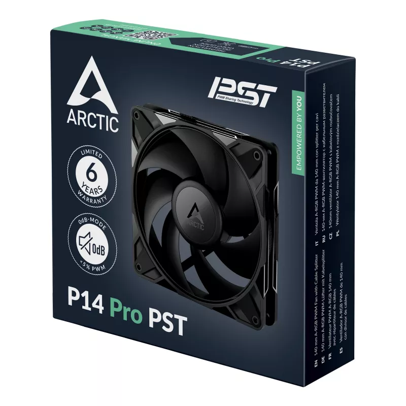 ARCTIC P14 Pro PST 140 mm PWM ventiliatorius su kabelio šakotuvu, 14 cm, 400 RPM, 2500 RPM, 186 m³/h, juodas