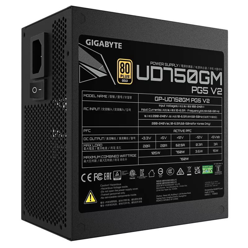 GIGABYTE UD750GM PG5 V2 Maitinimo blokas – PCIe Gen 5.1, 80 PLUS Gold, visiškai modulinis, 120 mm ventiliatorius, ATX 3.1, EU kištukas
