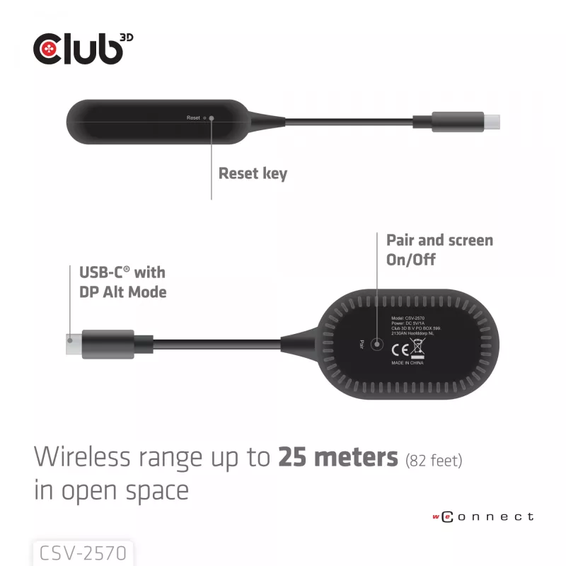 CLUB3D belaidis USB-C į HDMI siųstuvas-imtuvas, 1920 x 1080 pikselių, juodas