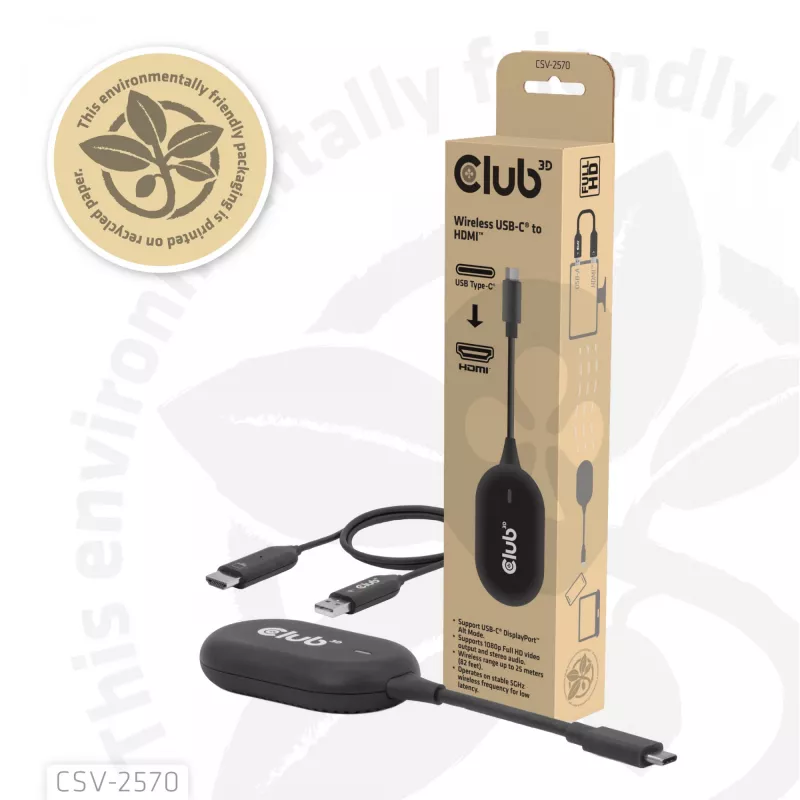 CLUB3D belaidis USB-C į HDMI siųstuvas-imtuvas, 1920 x 1080 pikselių, juodas
