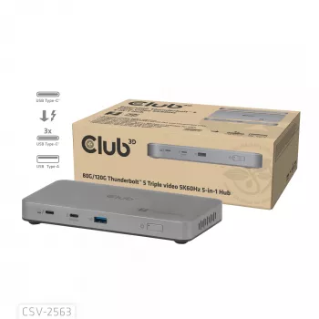 CLUB3D CSV-2563 5-1 Thunderbolt™ 5 Hub triguba vaizdo išvestis 5K60Hz Thunderbolt™ Share sertifikuotas 180W