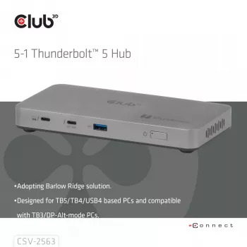 CLUB3D CSV-2563 5-1 Thunderbolt™ 5 Hub triguba vaizdo išvestis 5K60Hz Thunderbolt™ Share sertifikuotas 180W