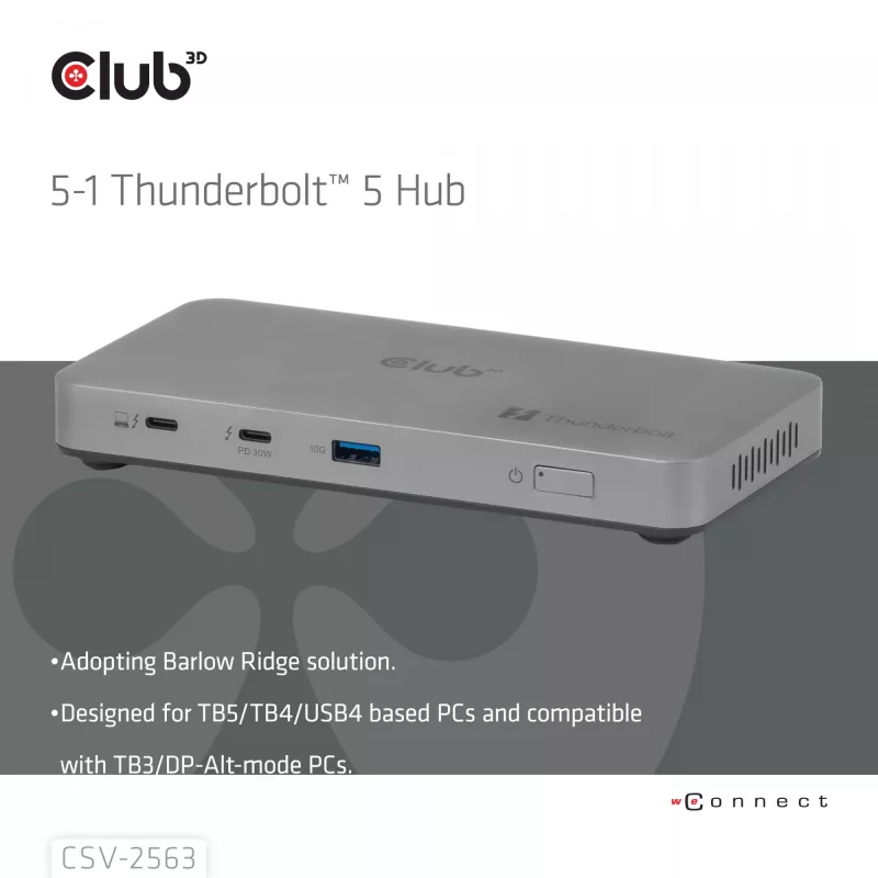 CLUB3D CSV-2563 5-1 Thunderbolt™ 5 Hub triguba vaizdo išvestis 5K60Hz Thunderbolt™ Share sertifikuotas 180W