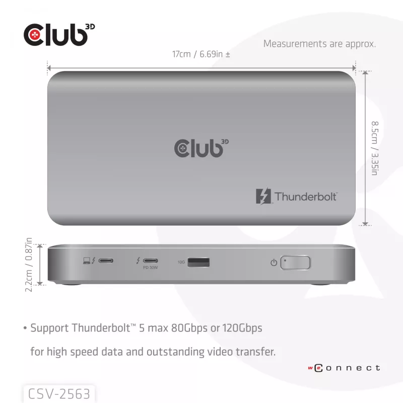 CLUB3D CSV-2563 5-1 Thunderbolt™ 5 Hub triguba vaizdo išvestis 5K60Hz Thunderbolt™ Share sertifikuotas 180W