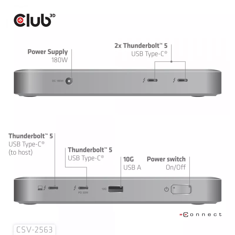 CLUB3D CSV-2563 5-1 Thunderbolt™ 5 Hub triguba vaizdo išvestis 5K60Hz Thunderbolt™ Share sertifikuotas 180W
