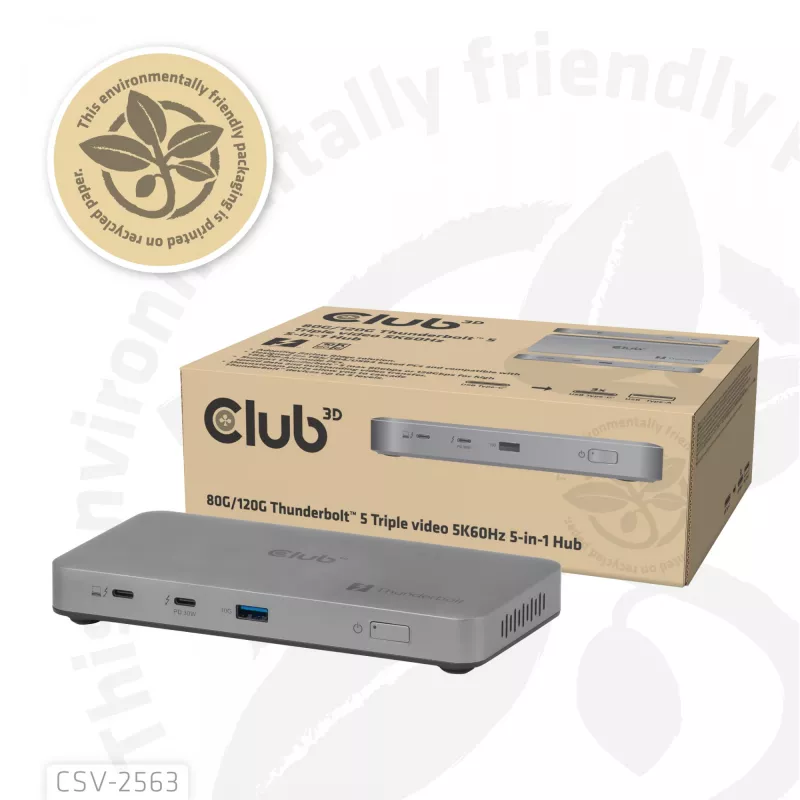 CLUB3D CSV-2563 5-1 Thunderbolt™ 5 Hub triguba vaizdo išvestis 5K60Hz Thunderbolt™ Share sertifikuotas 180W