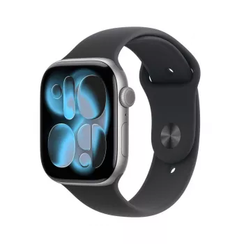 APPLE Watch Series 11 (2025) GPS 46mm kosminės pilkos spalvos aliuminio korpusas su sportine juostele M/L – juoda
