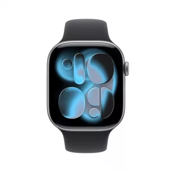 APPLE Watch Series 11 (2025) GPS 46mm kosminės pilkos spalvos aliuminio korpusas su sportine juostele M/L – juoda