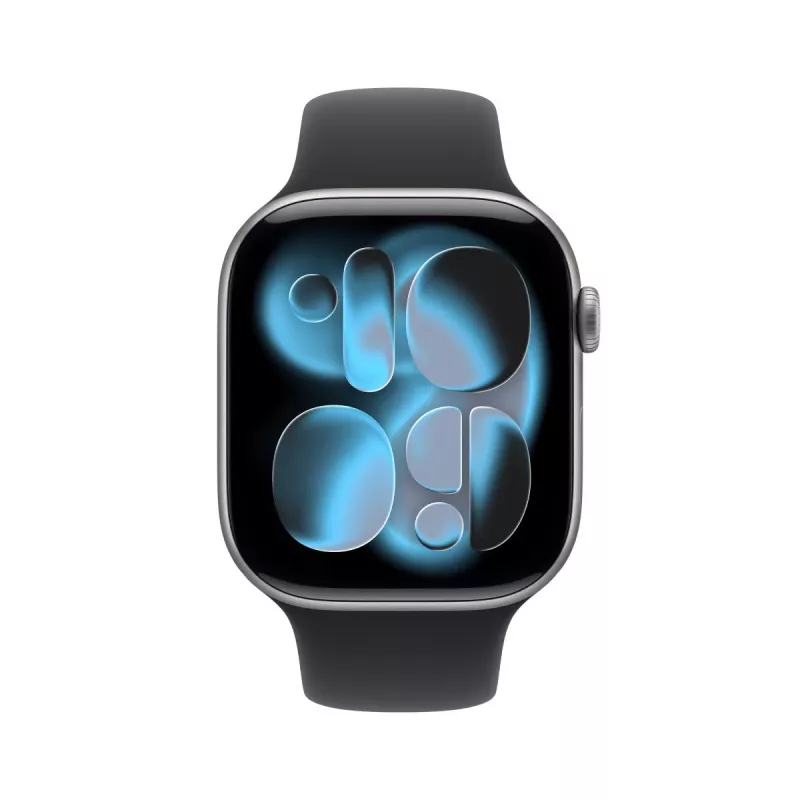 APPLE Watch Series 11 (2025) GPS 46mm kosminės pilkos spalvos aliuminio korpusas su sportine juostele M/L – juoda